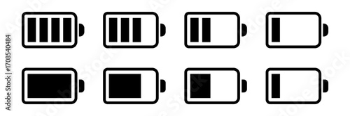 Battery level icons set with charge indicators