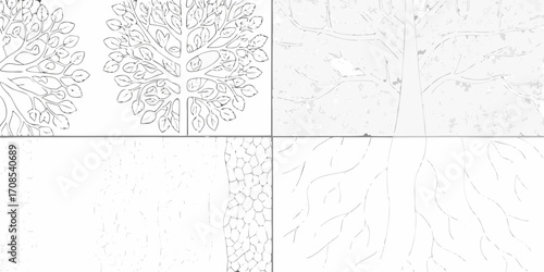 Collage of abstract tree elements including detailed line art branches leaves and textured bark patterns