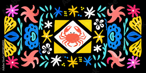 Vibrant abstract marine life pattern with a central crab and colorful sea creatures on black background