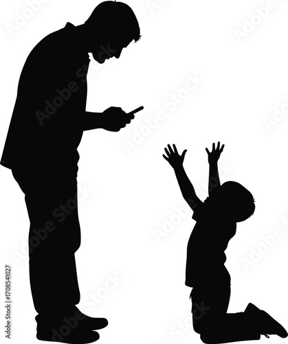 Black silhouette of adult using smartphone while child kneels with raised arms, concept of technology distraction and family relationship impact