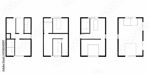 Four simplified architectural floor plan diagrams showing different room layouts and furniture arrangements