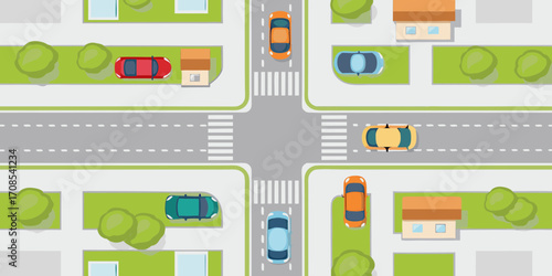 Top down view of a suburban intersection with cars and houses