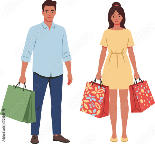 Man holding green shopping bags, woman carrying patterned shopping bags, retail fashion scene, consumer lifestyle, modern shopping activity, apparel purchase concept, flat vector illustration design