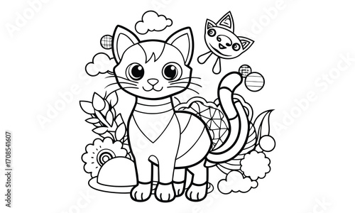 Shadow Cat, kids line art doodle pattern design t shirt silhouette and vector, intricate line art design, relaxing printable, high-quality illustration for stress relief, art therapy activity.