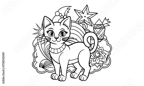 Shadow Cat, kids line art doodle pattern design t shirt silhouette and vector, intricate line art design, relaxing printable, high-quality illustration for stress relief, art therapy activity.