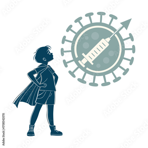 Print Silhouette of a confident child standing with hands on hips in front of a giant polio drop symbol hopeful and bold awareness theme