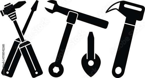 Construction worker tools set hammer drill screwdriver wrench vector illustration eps