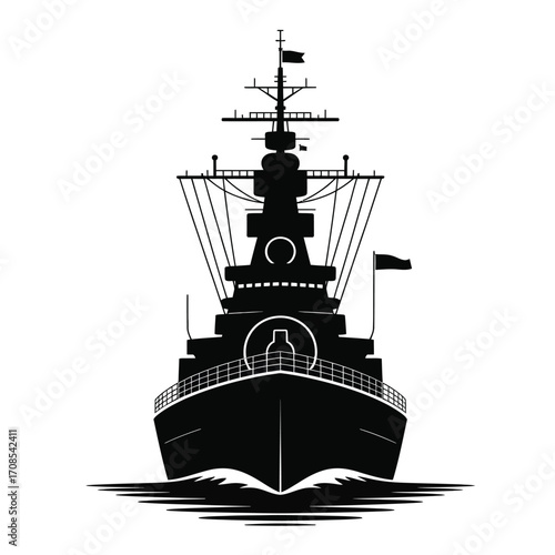 Black vector silhouette of warship naval remembrance icon, simple commemorative military design isolated on a white background