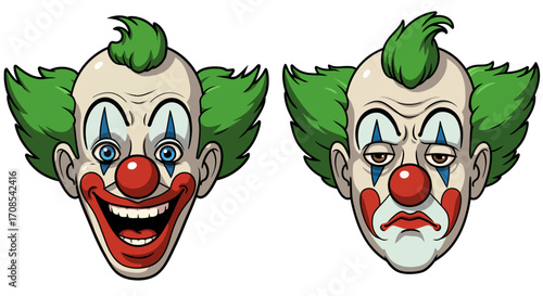 Dual emotion clown faces with green hair and red noses in cartoon art style