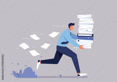 A man in a blue shirt and black pants is running while carrying a large stack of files and papers, with some papers flying off the stack, against a light gray background, depicting a busy or stressful