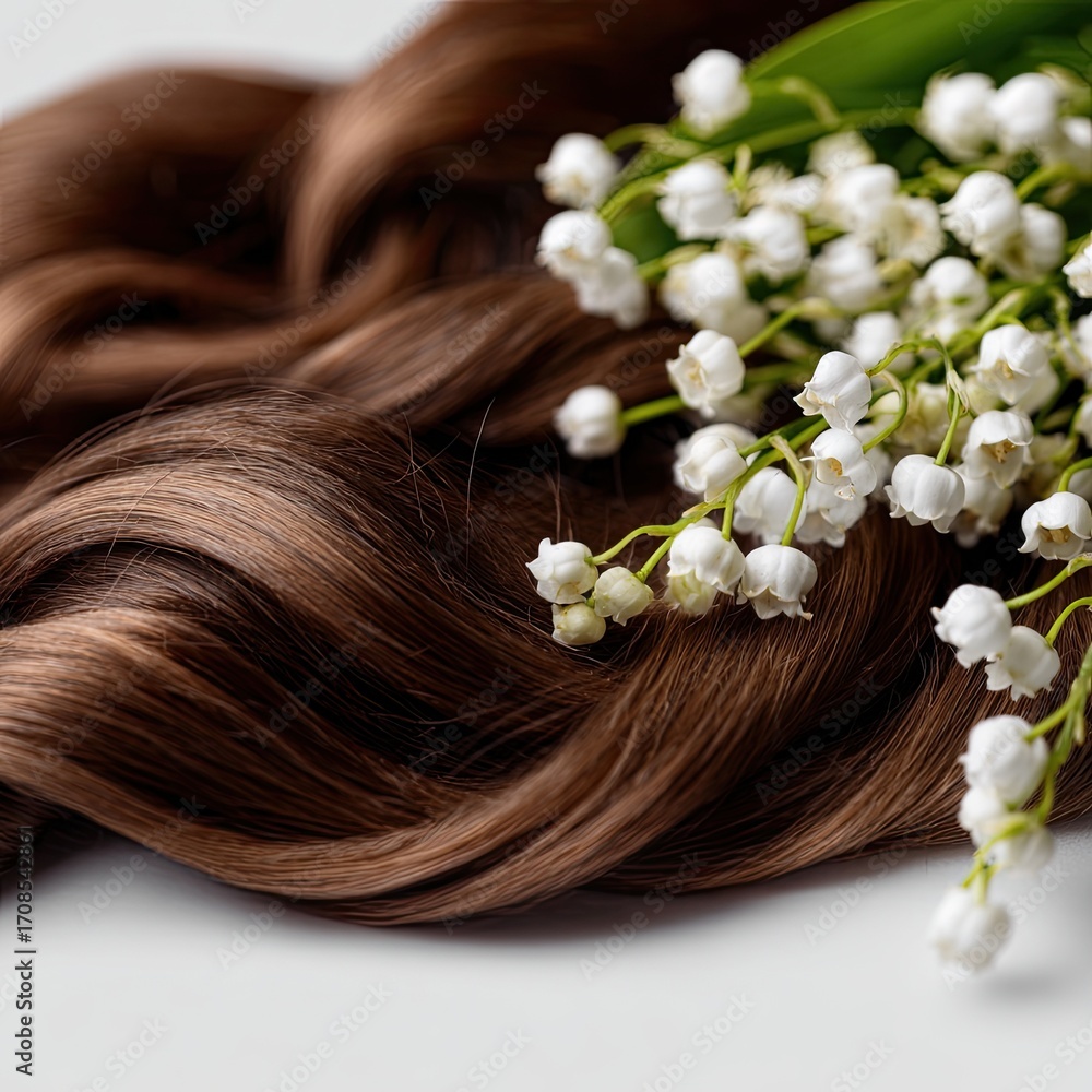 Naklejka premium Luxurious brown hair with delicate lily of the valley blossoms