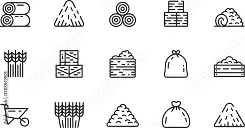 Set of line art icons depicting farm produce and agricultural elements including hay bails, wheat, sacks, and farming tools.