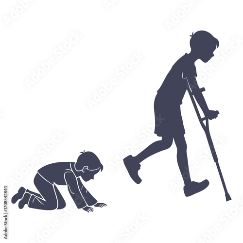 Print Split silhouette scene left side shows a child crawling, right side shows same child walking with aid concept of recovery and medical progress