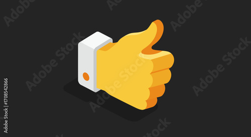 Isometric thumbs up icon with orange and white design on dark background