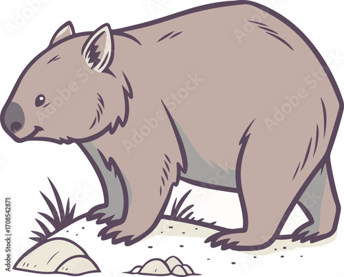 Cute Cartoon Wombat Illustration on Ground – Hand Drawn Australian Animal Vector