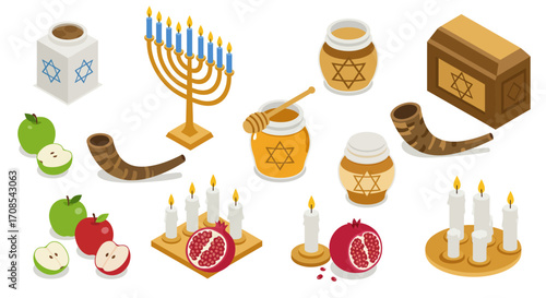 Jewish holiday elements with menorah, shofar, honey, apples, pomegranate, and…