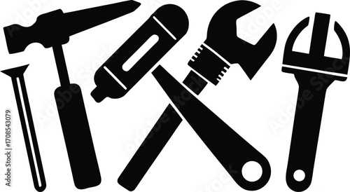 Construction worker tools set hammer drill wrench spanner vector illustration for eps