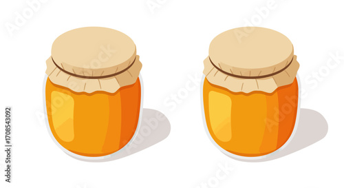 Pair of cartoon honey jars with beige lids on white background