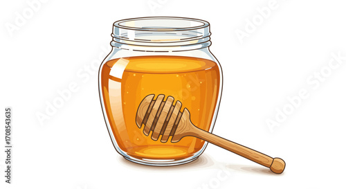 Realistic honey jar and dipper on white background