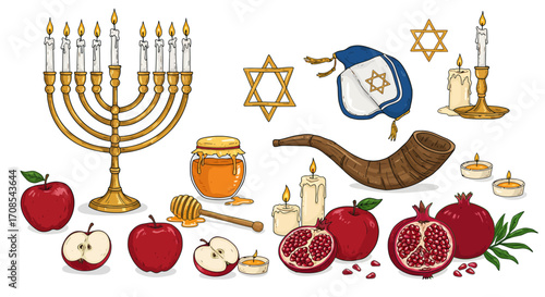 Traditional symbols of jewish holidays: menorah, shofar, apples, and pomegran…