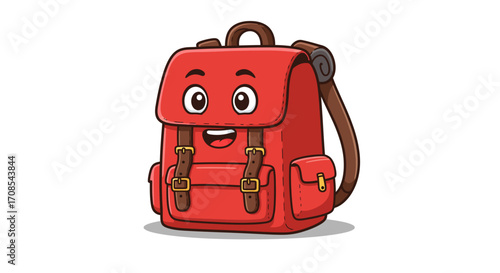 Cheerful red backpack with cartoon face and straps