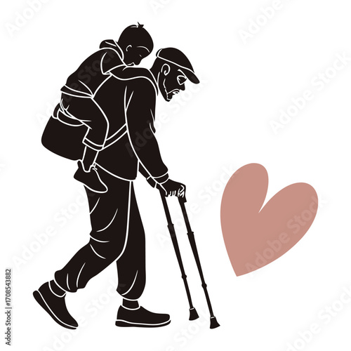 Print Touching black silhouette of a father carrying his child with crutches on his back symbol of love and support