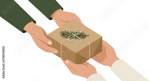 Exchanging a gift box decorated with twine and pine branch