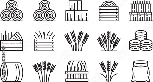 Set of line art icons depicting farm produce and agricultural elements including hay bails, wheat, sacks, and farming tools.