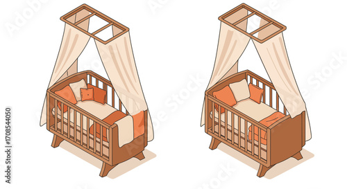 Charming isometric baby crib with cozy cushions and soft curtains