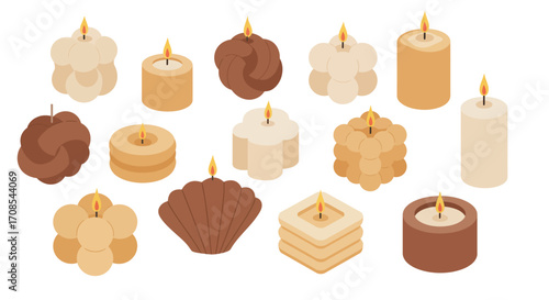 Trendy assorted candle collection in soft earth tones with minimalist design
