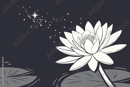 Elegant white water lily blooming with magical sparkles