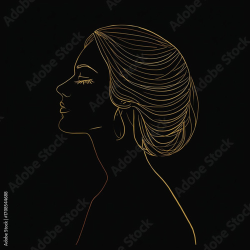 Golden Line Art Profile of a Woman with Updo Hairstyle