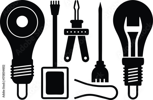 Vector set of electrician tools and components including light bulbs sockets cables
