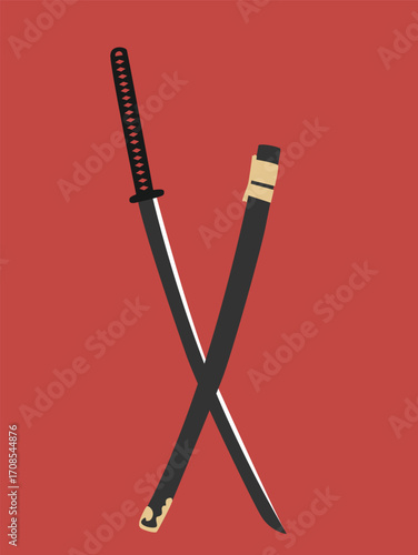 A black katana sword with a black handle and sheath crossed over each other on a red background.