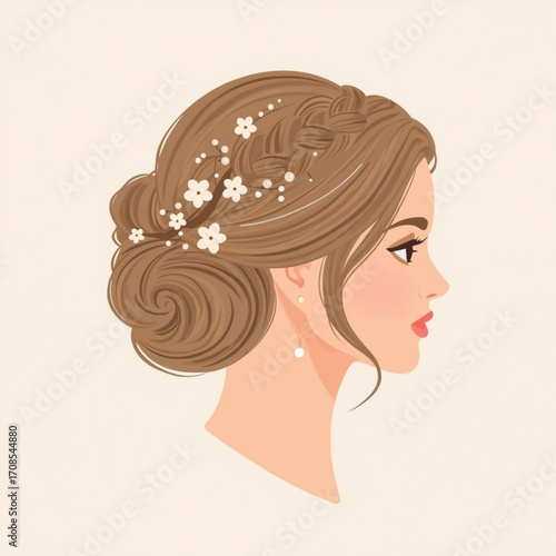 Profile of a Woman with an Elaborate Updo and Flowers