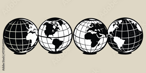 Four globe illustrations showing different continents and perspectives