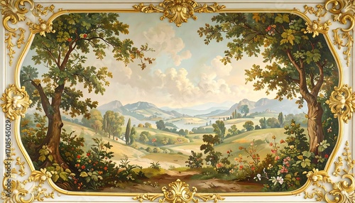 Scenic landscape mural painting with ornate gold frame on white wall