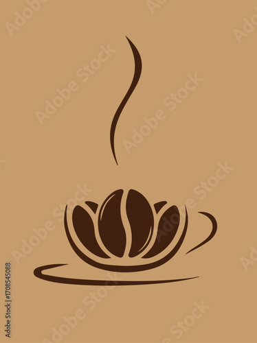 Stylized coffee cup illustration filled with coffee beans and rising steam, presented in a minimalist brown design.