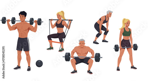 Diverse group performing various weightlifting exercises