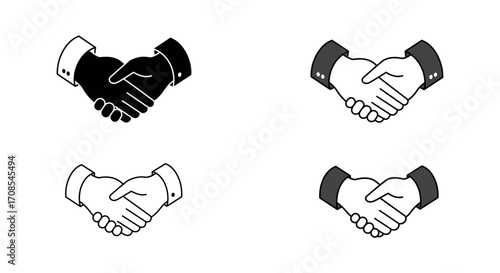 Black and white handshake icons in minimalist design for business and agreements
