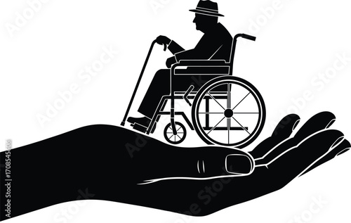 Black silhouette of hand holding elderly person in wheelchair with cane, symbolizing care, support, protection, and senior assistance concept illustration