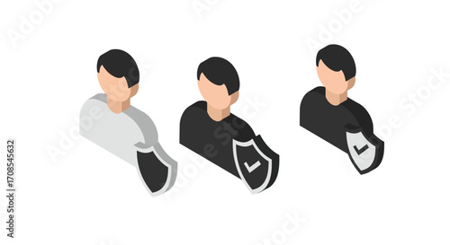 Isometric security guard icons with shield in three versions