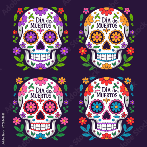 Dia de Muertos sticker sheet, sugar skull badges, floral borders, frame style, celebration labels collection, vector templates