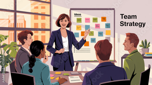 Team strategy meeting brainstorming session business planning collaboration teamwork office presentation ideas