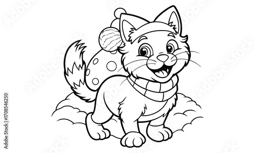 Snowball Cat, kids line art doodle pattern design t shirt design silhouette and vector, detailed illustration, perfect for relaxation, stress relief, adult coloring books, printable art therapy.