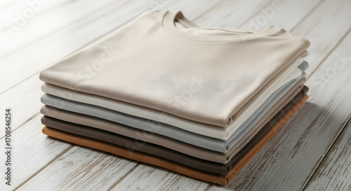 Stacked Neutral T-Shirts Display, Home Setting, Photography, Cozy Atmosphere, Top-Down View, Fashion Concept