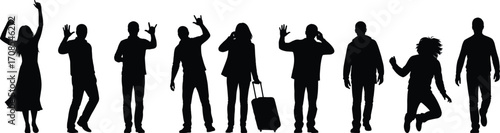 Black silhouette of nine people in various poses and activities, including travel, jumping, talking, and gesturing, vector illustration design
