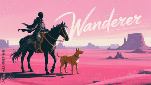 Wanderer riding horse with dog in desert landscape illustration art print poster canvas wall decor design