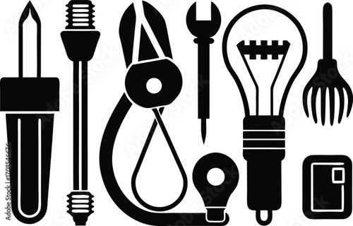 Scalable vector illustration of electrician tools and supplies icon set