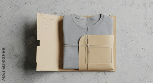 Unboxing Stylish Apparel, Grey Sweatshirt, Minimalist Packaging, Modern Indoor, Flat Lay View, Fashion Presentation
